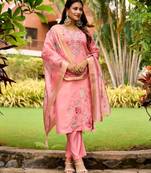 pink embroidered roman straight kurta pant and dupatta set