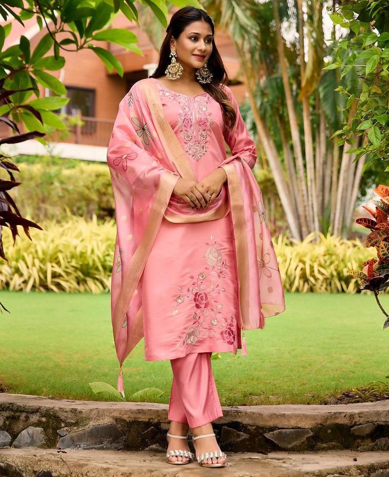 pink embroidered roman straight kurta pant and dupatta set