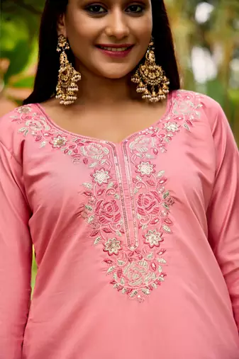 pink embroidered roman straight kurta pant and dupatta set