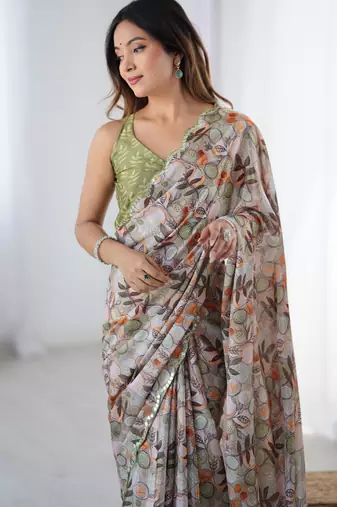 Women's multicolor chinon digital printed designer saree with blouse