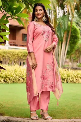 pink embroidered roman straight kurta pant and dupatta set
