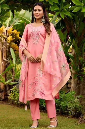 pink embroidered roman straight kurta pant and dupatta set