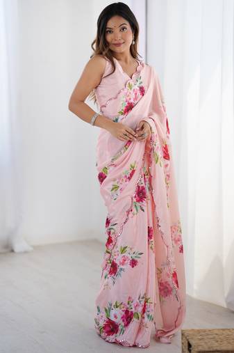Women's baby pink chinon digital printed designer saree with blouse