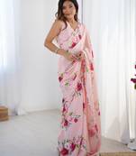 Women's baby pink chinon digital printed designer saree with blouse