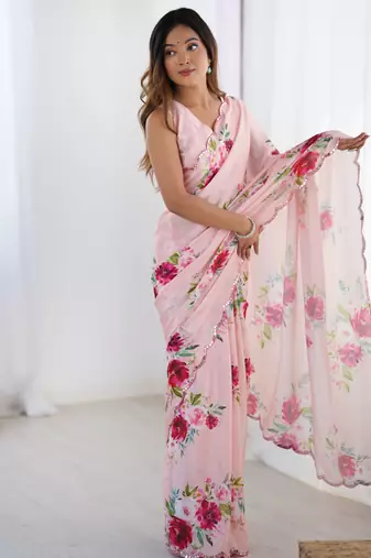 Women's baby pink chinon digital printed designer saree with blouse