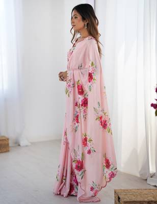 Women's baby pink chinon digital printed designer saree with blouse 3