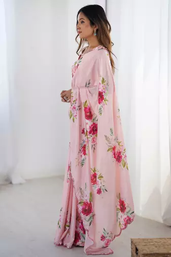 Women's baby pink chinon digital printed designer saree with blouse