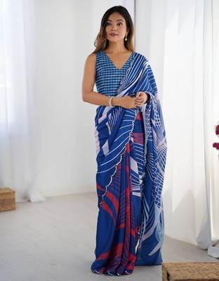 Women's blue chinon digital printed designer saree with blouse 1