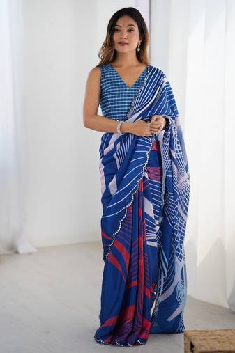 Women's blue chinon digital printed designer saree with blouse