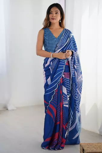Women's blue chinon digital printed designer saree with blouse