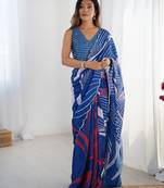 Women's blue chinon digital printed designer saree with blouse