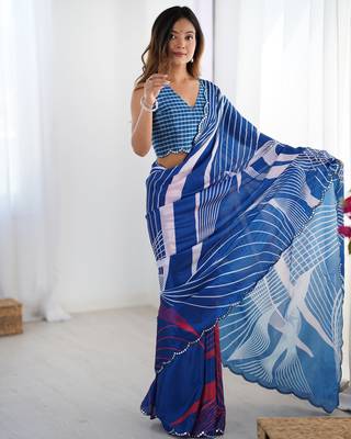 Women's blue chinon digital printed designer saree with blouse 2