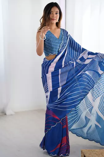 Women's blue chinon digital printed designer saree with blouse