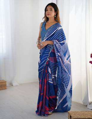 Women's blue chinon digital printed designer saree with blouse 3