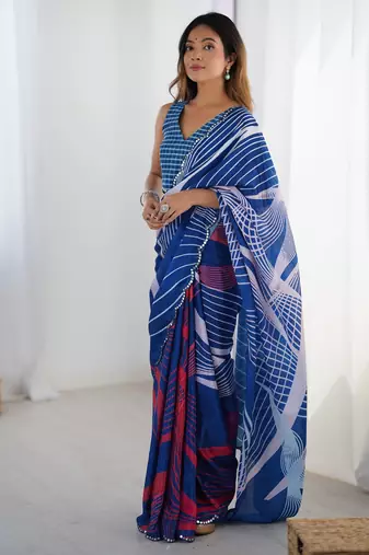Women's blue chinon digital printed designer saree with blouse