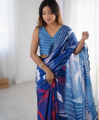 Women's blue chinon digital printed designer saree with blouse 4