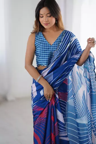 Women's blue chinon digital printed designer saree with blouse