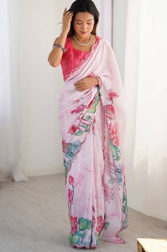 Women's pink chinon digital printed designer saree with blouse