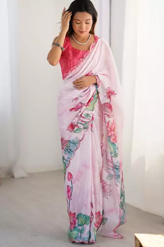 Women's pink chinon digital printed designer saree with blouse
