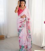 Women's pink chinon digital printed designer saree with blouse