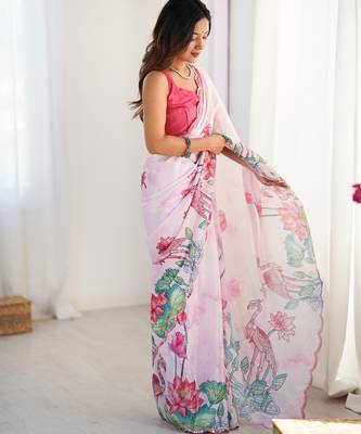 Women's pink chinon digital printed designer saree with blouse 2