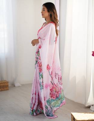 Women's pink chinon digital printed designer saree with blouse 3