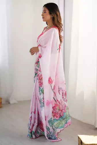 Women's pink chinon digital printed designer saree with blouse