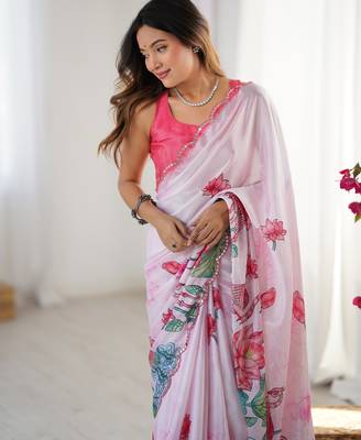 Women's pink chinon digital printed designer saree with blouse 4