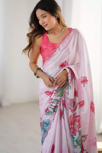 Women's pink chinon digital printed designer saree with blouse