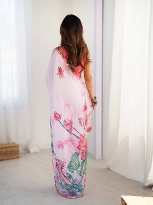 Women's pink chinon digital printed designer saree with blouse 5