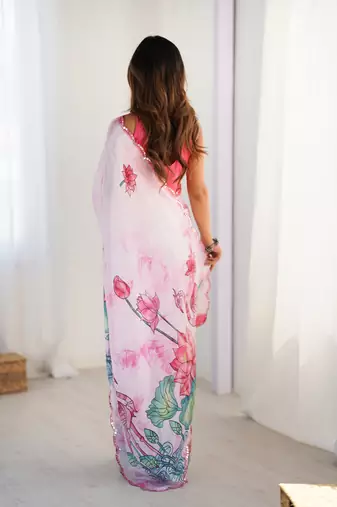 Women's pink chinon digital printed designer saree with blouse