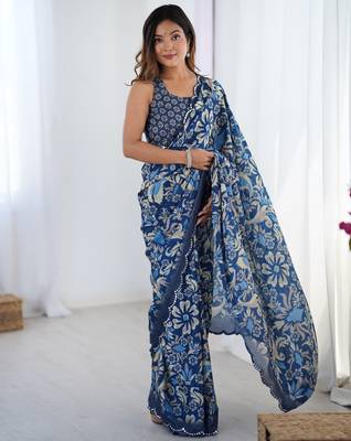 Women's navy blue chinon digital printed designer saree with blouse 1