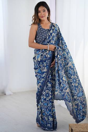 Women's navy blue chinon digital printed designer saree with blouse
