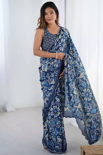 Women's navy blue chinon digital printed designer saree with blouse