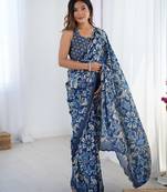 Women's navy blue chinon digital printed designer saree with blouse