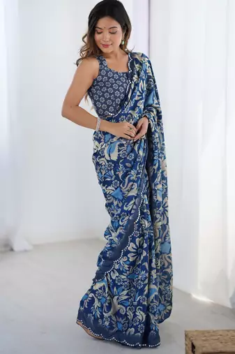 Women's navy blue chinon digital printed designer saree with blouse