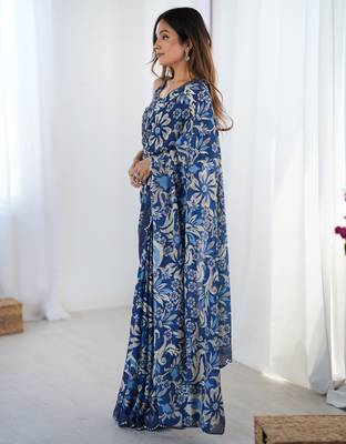 Women's navy blue chinon digital printed designer saree with blouse 3