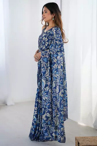 Women's navy blue chinon digital printed designer saree with blouse