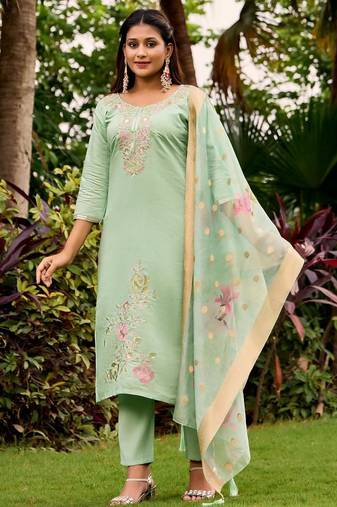 green embroidered roman straight kurta pant and dupatta set
