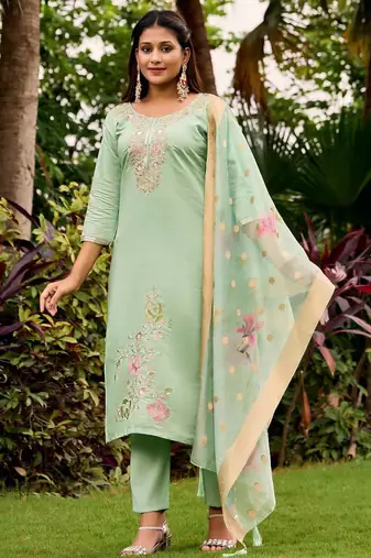 green embroidered roman straight kurta pant and dupatta set