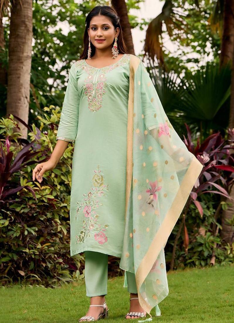 green embroidered roman straight kurta pant and dupatta set