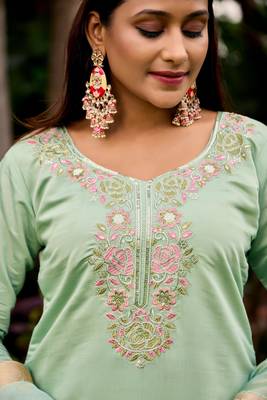 green embroidered roman straight kurta pant and dupatta set 2