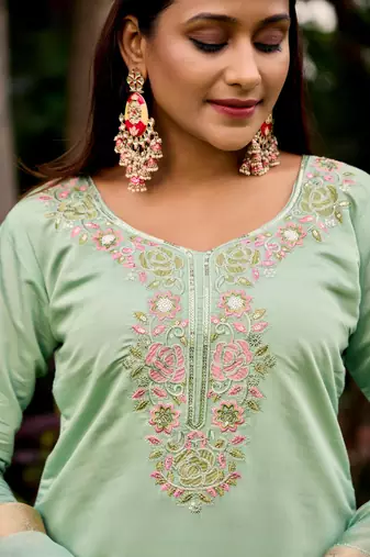green embroidered roman straight kurta pant and dupatta set