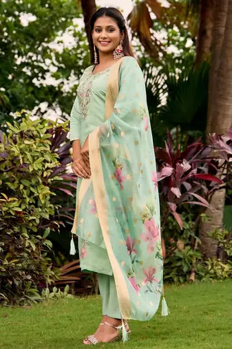 green embroidered roman straight kurta pant and dupatta set