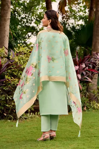 green embroidered roman straight kurta pant and dupatta set