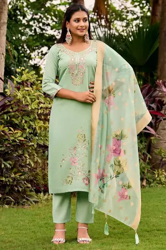 green embroidered roman straight kurta pant and dupatta set