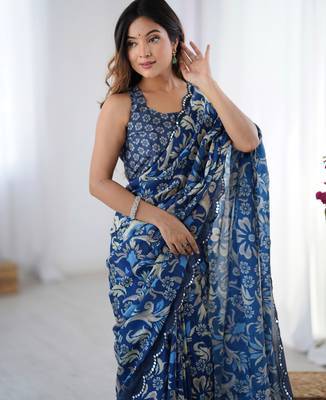 Women's navy blue chinon digital printed designer saree with blouse 4