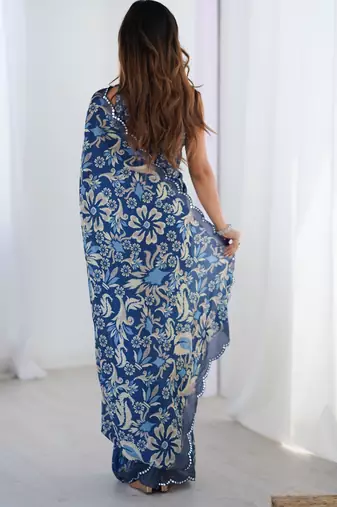 Women's navy blue chinon digital printed designer saree with blouse