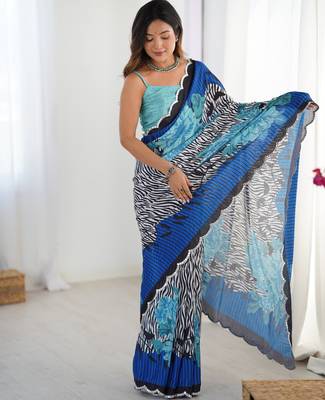 Women's multicolor chinon digital printed designer saree with blouse 1
