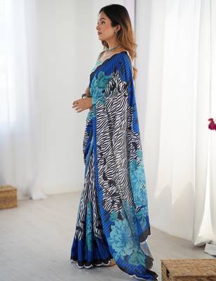 Women's multicolor chinon digital printed designer saree with blouse 3